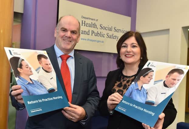 Chief Nursing Officer, Charlotte McArdle and Professor Owen Barr from the University of Ulster, are picture launching the Return to Practice campaign, which aims to encourage nurses who have been out of nursing to renew their registration and return to the profession. (Submtted Picture).