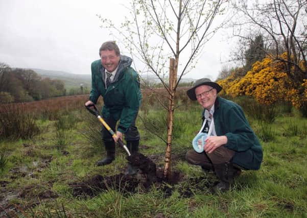 Former Environment Minister Sammy Wilson planting a tree at Burntollet in 2009 with Patrick Cregg, director of the Woodland Trust.