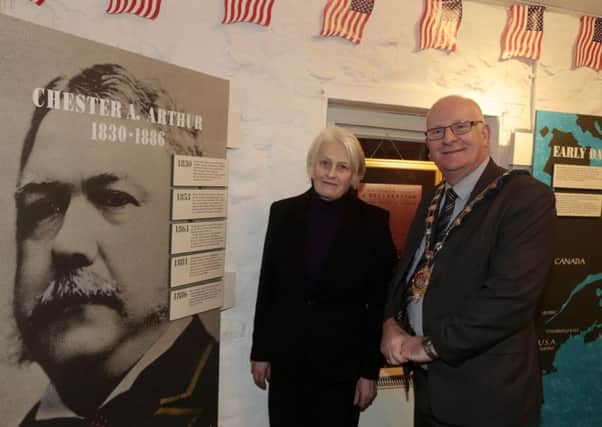 Mayor of Mid & East Antrim Cllr Billy Ashe who visited Arthur Cottage in Cullybackey on Thursday  pictured here with tour guide Jenny Carleton. INBT 04-101JC