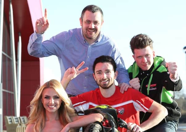 Bike racers Glenn Irwin and Andy Reid  are joined by Meagan Green and promoter, Marty Nutt at the launch of the 2016 Northern Ireland Motorcycle Festival which takes place on 5-7, February at the Eikon Exhibition Centre at the Maze. Pic by Stephen Davison.