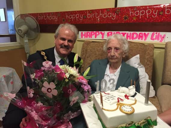 The Mayor, Councillor Thomas Beckett, popped in to Lisadian Nursing Home to wish Lilly Uprichard a very happy 103rd birthday and presented her with a bouquet of flowers to mark her very special day.