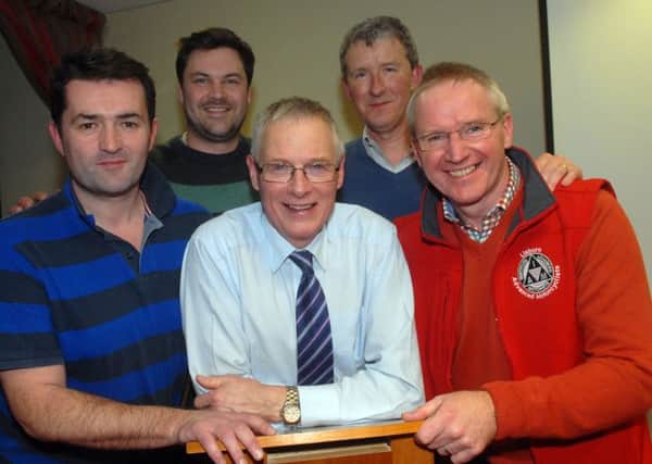 Pictured at the Lisburn Advanced Motorcyclists Group event entitled An Evening with the Flying Doctor are front centre, Dr Fred MacSorley with from left, Gareth Hughes, AMNI forum secretary, Allister MacSorely, Dr MacSorley's son and a London paramedic, Seamus Kenny, event co-ordinator, and Bruce Steele, LAM chairman