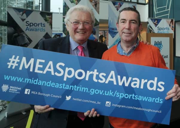 Jackie Fullerton and former world boxing chamoion Dave 'Boy' McAuley, pictured at the recent launch of the Mid and East Antrim Council Sports Awards.