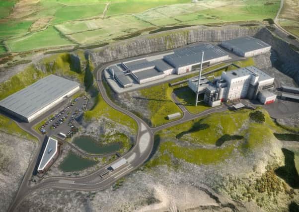 A computer-generated image of the proposed energy from waste plant development at Hightown Quarry.