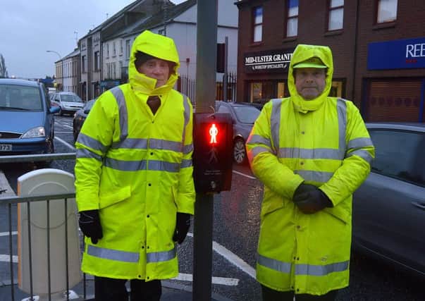 Crossing Guards at Queen St, Lurgan, Ivan Carson, left, and Gorgon McKinley. INLM04-212.