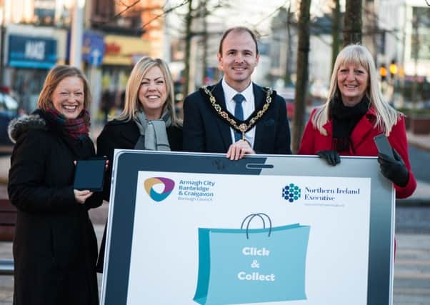 Launching the Click and Collect Retail Training Programme are: Therese Rafferty, Head of Regeneration Armagh City, Banbridge and Craigavon Borough Council, Eileen McConville, Department for Social Development, Cllr Darryn Causby, Lord Mayor of Armagh Banbridge and Craigavon and Viki Bell, Department for Social Development.