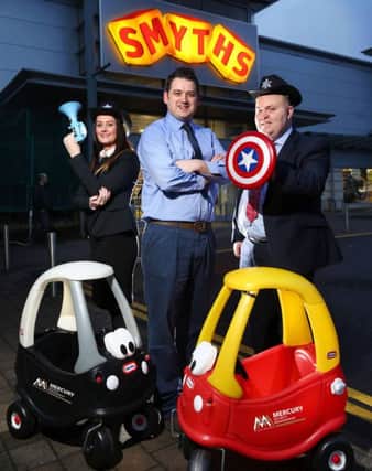 TOY STORY:  Grainne Elliot and Liam Cullen of Mercury Security Management are joined by Darren Green (centre) of Smyths Toys to announce the news that Mercury has been awarded the all-Ireland security contract for Irelands biggest toy retailer.  The Smyths security contract will see Mercury provide a team of well-equipped manned guards, with fast access to additional support and resources if required, to all 27 Smyths stores across the island of Ireland, including six in Northern Ireland.  Founded in County Mayo in 1986, Smyths now operates no fewer than 80 stores throughout Ireland and the UK.
