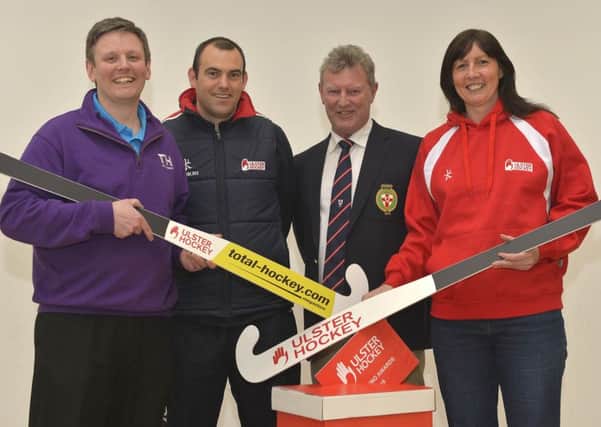 Helping to launch the inaugural UHU Coaching Awards are (l-r): Stephen McMurray (Total Hockey), Jonathan McMeekin (Ulster Hockey), David Larmour (Ulster Hockey President) and Julie Doak (Talent Development Coach). INLT 04-907-CON