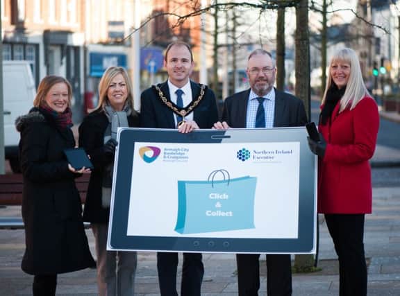 (L-R) Launching the Click and Collect Retail Training Programme are: Therese Rafferty, Head of Regeneration Armagh City, Banbridge and Craigavon Borough Council, Eileen McConville, Department for Social Development, Cllr Darryn Causby, Lord Mayor of Armagh Banbridge and Craigavon and Viki Bell, Department for Social Development.