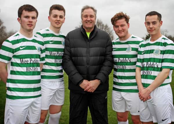 Colin Malone, manager of Lurgan Celtic, with new signings (from left) Shea Conaty, Caolan Skelton, Brendan Shannon and Sean Devlin. INLM04-620AM