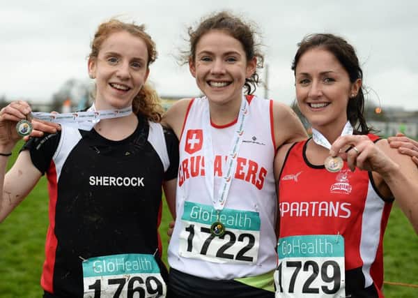 Winner of the Women's Intermediate 5000m race, Marie Hyland, centre, Crusaders AC, Dublin, with second placed Catherina Mullen, left, Shercock AC, Co.Cavan, and third placed Catherine Whoriskey, right, City of Derry AC Spartans at the GloHealth National Master, Intermediate, Juvenile B & Juvenile Inter County Relay, Dundalk.