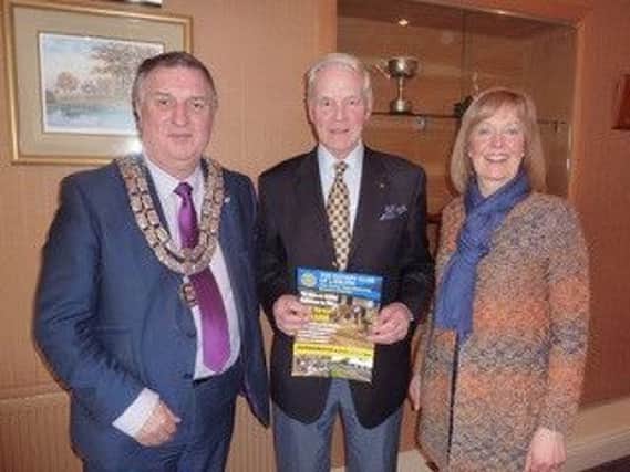 Rotary club Of Lisburns President Gary Corkin announcing the Launch of the 2016 annual Bursary.  Also in the photograph is Stephen Gilbert (Chair of the Bursary) and Helen Coulter, Club Hon. Treasurer
