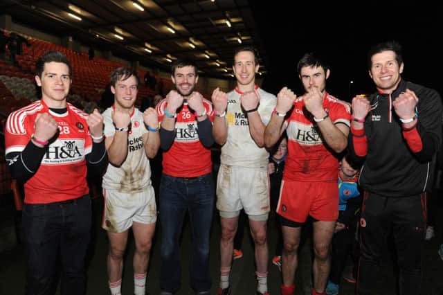 (From left) Dermot Mc Bride (Derry), Hugh Pat McGeary (Tyrone), Mark Lynch (Derry), Colm Cavanagh (Tyrone), Christopher McKaigue (Derry), Sean Cavanagh (Tyrone) unite following Saturday's 
Bank of Ireland Dr. McKenna Cup final to highlight World Cancer Day on February 4th.