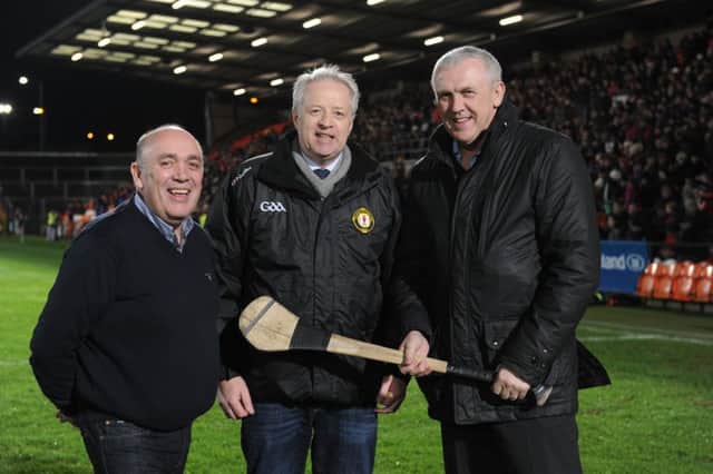Pictured at the launch of the ONeills Ulster GAA Growing & Developing Hurling Conference 2016 are Kieran Kennedy, Managing Director of conference sponsors ONeills Sportswear, Ulster GAA President Martin McAviney and Ulster GAA Director of Coaching & Games Development Dr Eugene Young.