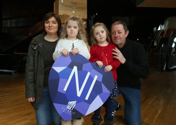 Pauline, Billy, Emily and Lily McDonald from Carrickfergus, who were winners of 'golden tickets' to visit Titanic Belfast during NI Citizens Day.
 Picture by Darren Kidd / Press Eye.  INCT 05-720-CON