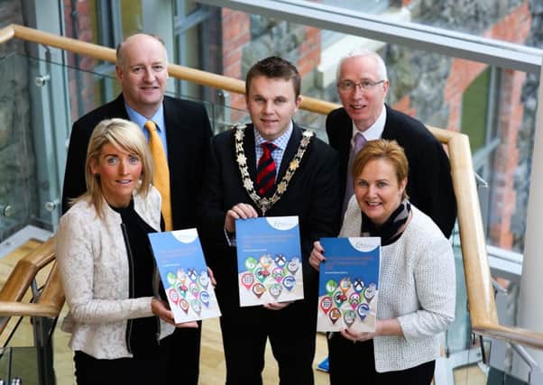 Pictured at the launch of the Local Development Plan are the Mayor of Antrim and Newtownabbey, Cllr Thomas Hogg, Majella McAlister, Director of Community Planning and Regeneration, Ald Tom Campbell, Vice Chair of the Planning Committee, John Linden, Head of Planning and Jacqui Dixon, Chief Executive. INNT 05-807CON
