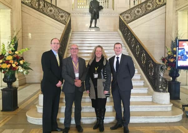Islandmagee PS Interim Principal Arlene Cambridge pictured at Stormont with Board of Governors chairman Peter Bovill, deputy chair Jim Barr and East Antrim MLA Gordon Lyons.  INLT 05-653-CON