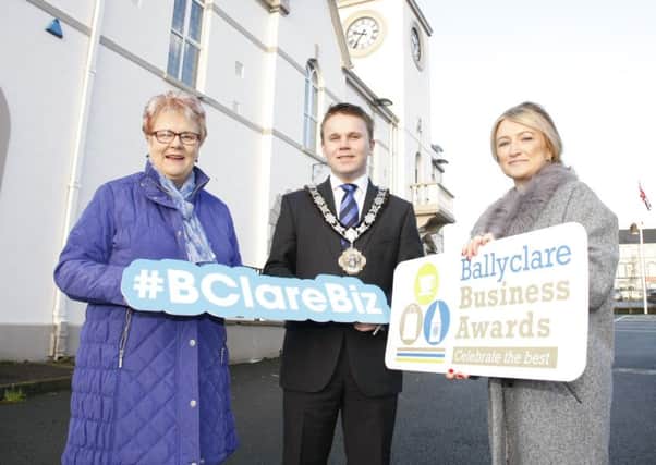 Mayor Thomas Hogg launches the Ballyclare Business Awards alongside Councillor Vera McWilliam (left), Chair of Ballyclare Town Team, and Jill Millar, Vice President of Ballyclare Chamber of Trade. INNT 05-532CON