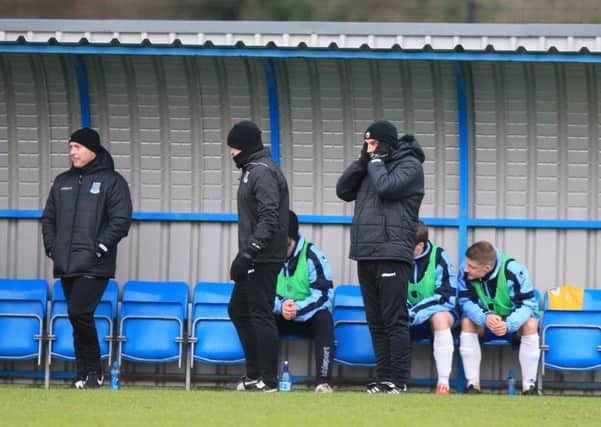 Ballymena United manager Glenn Ferguson holds his head in his hands during Saturday's 4-2 defeat at Ballinamallard. Picture: Press Eye.