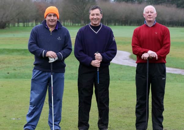 Robert Beggs, Michael Montgomery and Mark Dunlop who played in Saturday's competition at Galgorm Castle Golf Club. INBT 04-188CS