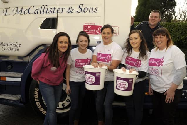 Johnny and Fiona McCallister (McCallister Transport)  launched their support partnership with Clic Sargent and unvieled the Clic Sargent  logo on their lorries, included is Clic Sargent Fundraising Manager for Down & Armagh Fiona McCann, Stacey Magill, Annabelle Stewart and Holly Cregan Â©Edward Byrne Photography INBL1605-235EB
