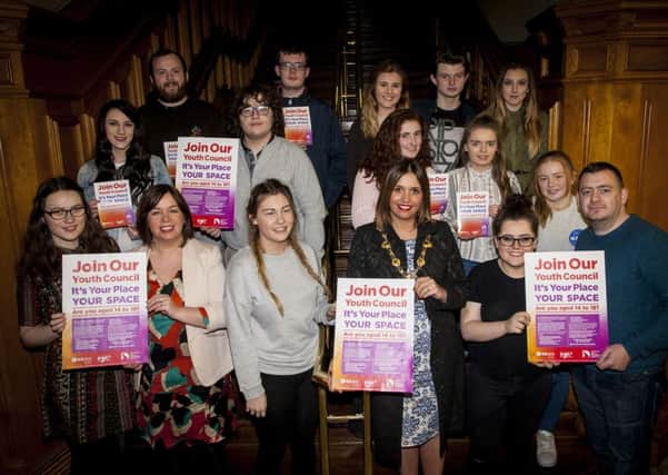 Mayor Elisha McCallion launches the Council's new Youth Council with Helen Harley, Young People's Officer and John Lynch, Youth Worker, Education Authority Youth Service and young people from the district.