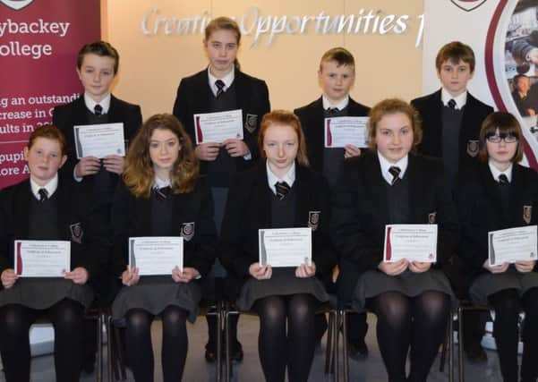 Cullybackey College Junior Achievement Certificate Winners for January who were recognised in assembly for their hard work and endeavour. Back row - Edward Morrisson, Aoife Conney, Corey Higgins, Peter Laverty. Front row - Louise Flemming, Alex Ardle, Lesley-Ann Linton, Ruth-Ellen Bamber and Serena Mawhinney. (Picture submitted)