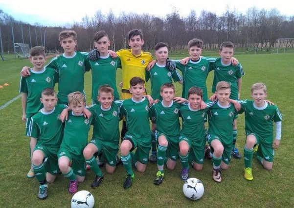 Ballymena United Youth Academy duo Ross McCausland and Sean McAllister (front row, third and fifth from left) are part of the under-13 national side heading to Latvia.