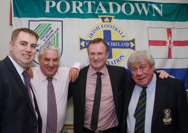 Portadown Golf Club captain John McCallum (right) with, from left, Alan Curran (supporters' club chairman), Jim Boyce (FIFA vice-president) and Michael O'Neill (special guest). Pic by Mel Maclaine\thephotoproject.ie.
