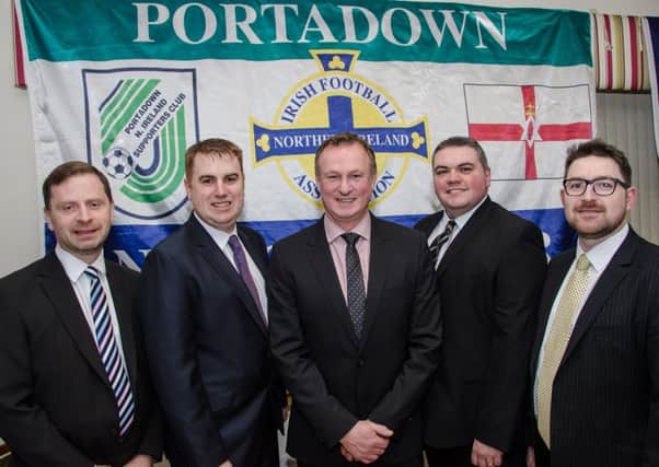 Portadown Northern Ireland Supporters' Club officers offer a warm welcome to Michael O'Neill (centre). From left, William Dunne (treasurer), Alan Curran (chairman), Chris Smyth (vice-chairman), Kyle Quinn (secretary). Pic by Mel Maclaine\thephotoproject.ie.