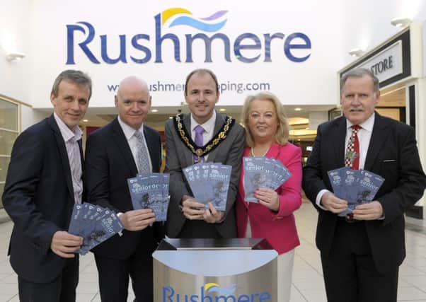 Celebrating the launch of the 2016 Senior Sports Awards are, from left, Michael Watt (Banbridge District Sports Association), Martin Walsh (Rushmere Shopping Centre, awards sponsors), Lord Mayor Councillor Darryn Causby, Edith Jamison (Craigavon Sports Advisory) and David Livingstone (Armagh Sports Forum). Pic by Edward Byrne Photography.