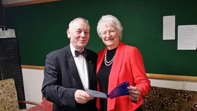Dame Mary Peters, President of The Association of Ulster Drama Festivals, launches the programme for 77th. Ballymoney Drama Festival with the Chairman of Ballymoney Drama Festival, J Mac Pollock. INBM7-16