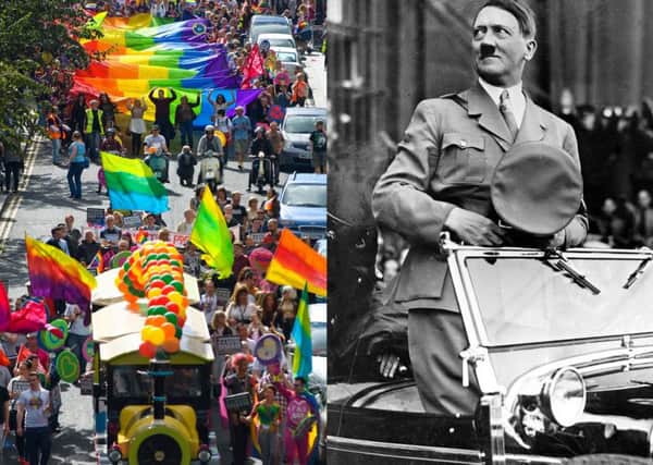 A wacky homophobic letter linking gay people (left) and Adolf Hitler (right) has been condemned after it was handed out in Londonderry.