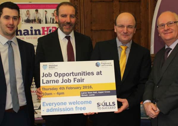 Pictured at the job fair in Larne Town Hall on February 4 are Richard McErlean from PwC, Ken Nelson from Ledcom, Alan Armstrong from DELs Employment Service and Mayor Billy Ashe, Mid and East Antrim Borough Council. INLT-06-702-con