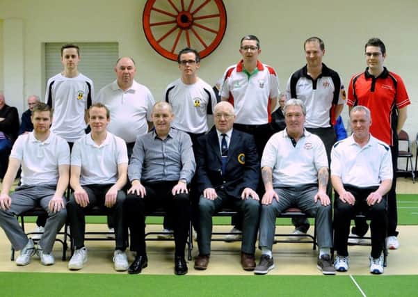 Finalists in the BPFA bowls tournament, pictured with umpire Robert McCullough and club chairman Richard Rodgers.