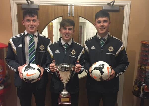 Nathaniel Ferris (right) from Portadown finished with three goals during his appearance for Northern Ireland Schoolboys under 18s against Jersey.