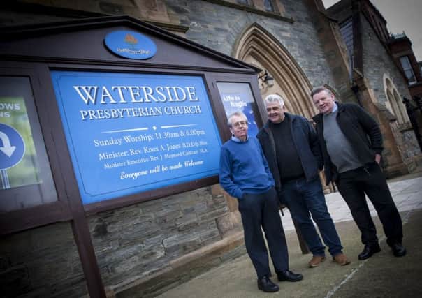 Morris McCarter pictured with stewards John Allen and Stewart Jones outside the Waterside Presbyterian Church on Saturday during the 150th Anniversary celebrations. INLS0516MC015