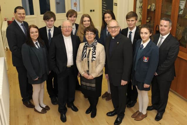 Moderator of the Presbyterian Church in Ireland, Rt Rev Dr Ian McNie and his wife Anne, visited Banbridge Academy as part of their tour of the Iveagh Presbytery, included with Principal Robin McLoughlin and Year 14 Religious Studies students Jessica Maginnis, Andrew Thompson, Matthew Burke, Susanna Cartmill, Aoife Weir, Conor Adams and Joanna Greenaway are Iveagh Presbytery Moderator Rev George McClelland and Head of Religious Studies Warren Brown Â©Edward Byrne Photography INBL1606-221EB
