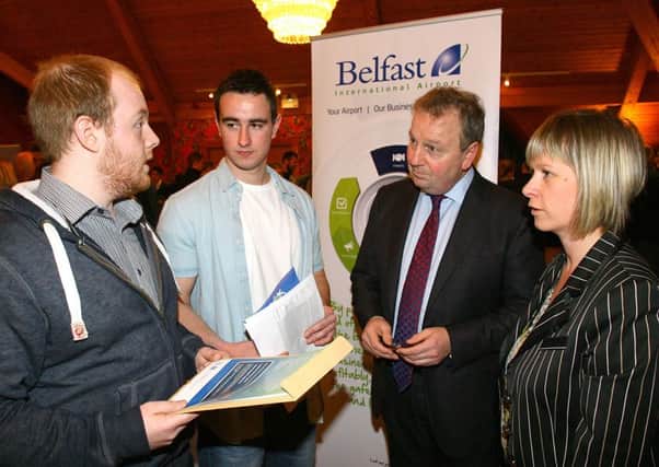 Attending Belfast International Airport's Jobs Fair in Templepatrick were Michael Gourley (Antrim) and David Lamont (Crumlin), pictured here talking to South Antrim MP Danny Kinahan and Jaclyn Coulter, BIA's HR Manager
