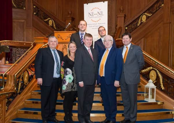 Pictured at the 10th Anniversary NI-NL Dinner are: (front l-r) Lester Manley, Trailblazer BBQ; Natasha Mitchell, Flexi Tile; Minister of Finance and Personnel, Mervyn Storey; Alderman Allan Ewart, Chairman of the Council's Development Committee; and Stephen Murnaghan, NITC; (back l-r) Peter Blair, AB Pneumatics and Paul Moffett, Sensurity.