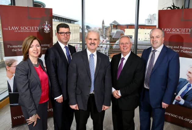 Pictured at its meeting with the Law Society about the Council's opposition to the announced closure of Lisburn Courthouse by the Justice Minister are (l-r) Dr. Theresa Donaldson, Chief Executive of Lisburn & Castlereagh City Council; Mr John Guerin, President of the Law Society;  Mayor of Lisburn & Castlereagh City Council, Councillor Thomas Beckett; Mr Alan Hunter, Chief Executive, Law Society and Alderman James Tinsley, Lisburn & Castlereagh City Council.