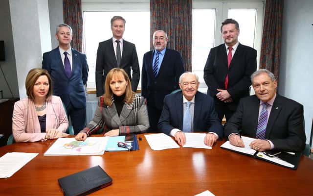 Pictured l-r (back row) Mr Kevin McShane, Strategic Investment Board; Mr Kevin Monaghan, Transport NI Eastern Division; Mr Colin McClintock, Former Director Development and Planning and Mr Paul McCormick, Lead Head of Service, Economic Development.
L-r (front row) Dr Theresa Donaldson Chief Executive, Lisburn & Castlereagh City Council; Minister for Regional Development, Michelle McIlveen; Alderman Jim Dillon MBE Vice-Chairman, Development Committee; Councillor Uel Mackin, Lisburn & Castlereagh City Council.
