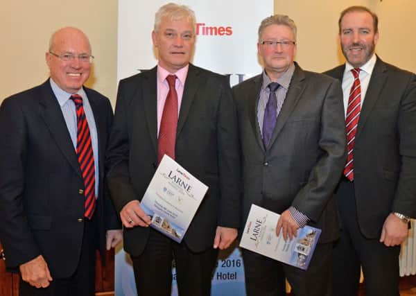 Pictured at the official launch of the Larne Times Larne Business Awards in the Town Hall are (L to R) Henry Fletcher, Chairman of Ledcom; Robert Abraham, Regional Advertising Manager; Stephen Kernohan, Multimedia Content Editor of the Larne Times; and Ken Nelson, Ledcom Chief Executive. INLT 07-002-PSB