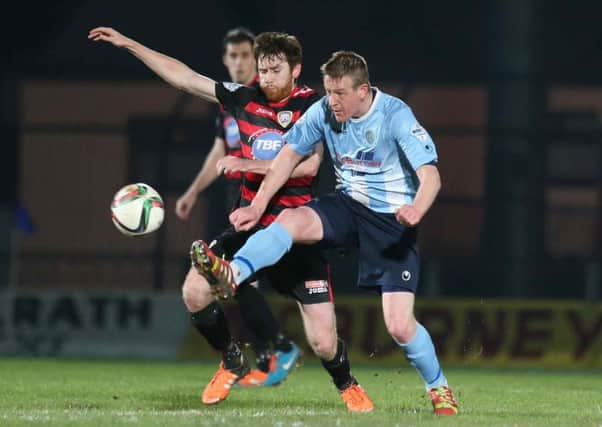 Ballymena's Allan Jenkins in action with Coleraine's Howard Beverland during tonight's Danske Bank Premiership game at the Showgrounds. Picture: Press Eye.