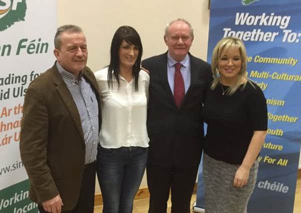 Sinn Fein's Mid Ulster candidates Ian Milne, Linda Dillon and Michelle O'Neill with Martin McGuinness