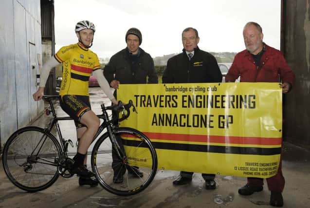 Sean and Don Travers of Sponsors Travers Engineering along with Garreth McKee and Alan Towell from Banbridge Cycling Club launch this years Annaclone GP which will be run over the Annaclone Circuit on Saturday 20th February. INBL1607-225EB