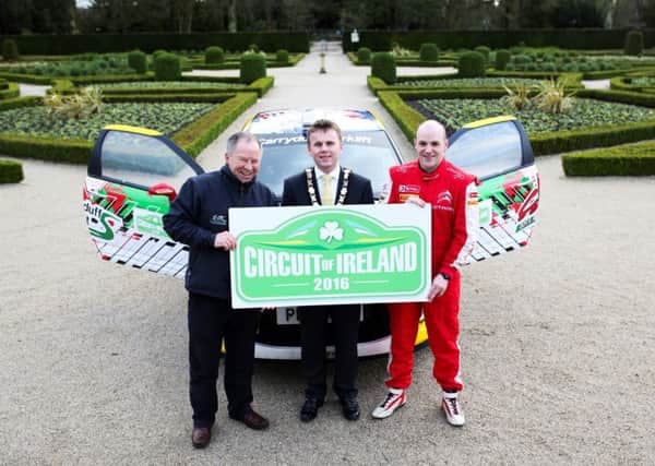 Looking forward to a brand new Circuit Qualifying Stage based at Antrim Castle Gardens is star driver Jonny Greer.  The Citroen DS 3R3 driver from David Greer Motorsport is pictured with Mayor of Antrim and Newtownabbey, Cllr Thomas Hogg (centre) and Bobby Willis (left) Circuit of Ireland event director.
