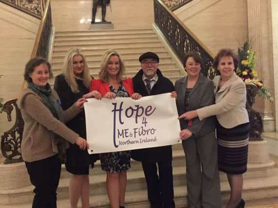 Members of local Charity Hope 4 ME and Fibro Northern Ireland including Sally Burch, Belinda Dale, Martina Marks and Joan McParland with Professor James Coyne and Jo-Anne Dobson at Stormont.