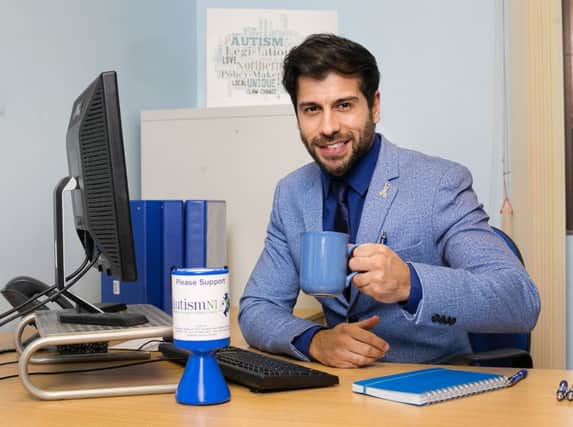 Bold in Blue model Bjorn Blythe helps Autism NI launch their Wear It Blue campaign this April to encourage local supporters and businesses to hold a blue day and raise awareness and funds for this hidden disability in Northern Ireland. inbm8-16s