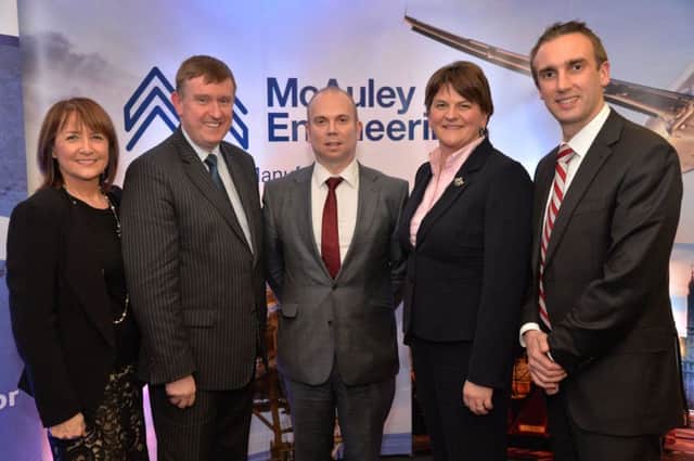 Pictured at the event (L-R) are Ann McGregor (NI Chamber); Finance Minister Mervyn Storey; Jonathan McAuley (McAuley Engineering); First Minister Arlene Foster and Stephen Gallagher (SSE Airtricity).